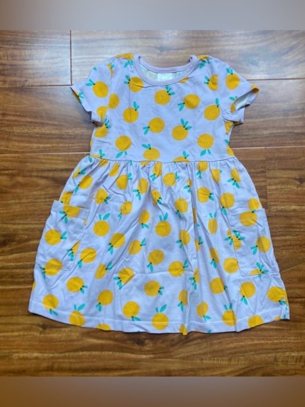 Hanna Andersson Girls Lavender Orange Print Short Sleeve Pocket Dress Size 5